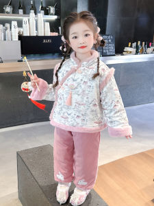 Thickened Fleece Winter Childrens Outfit Girls New Year Clothes Traditional Hanfu Style Floral Patterned Warm Kids Set