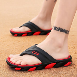 Mens Summer Outdoor Slip-On Slippers Trendy Korean Style Big Size Beach Sandals Anti-Slip Thong Slippers Breathable Flat Heel