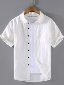 High-End Luxury Mens Pure Linen Short Sleeve White Shirt Summer Breathable Wood Button Full Linen Shirt Fashion Urban Business Casual