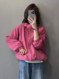 Casual Raspberries Red Hooded Short Jacket Womens Lightweight Spring Summer Anti-UV Drawstring Storm Coat Top