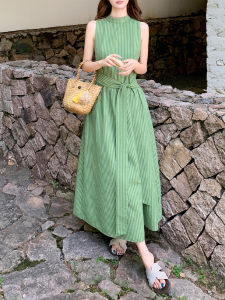 SENWA | Stylish French Green Sleeveless Long Dress
