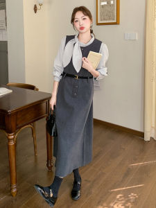 French Style Grey Fashion Vest Dress Set Women Spring 2025 New High-End Feeling Dress Two-Piece Set A-Line Skirt Long Sleeve