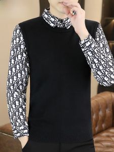 HENGYUANXIANG | Autumn Fashion Mens Knitted Shirt Collar Sweater Base Layer Trendy Two-Piece Look Casual Long Sleeve Slim Fit Polyester Blend