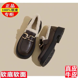 ผู้หญิง ฤดูหนาว ผ้าขนแกะ รองเท้าบู๊ตหิมะด้านล่างหนาเรียงราย อุ่น ผ้าฝ้าย รองเท้าส้นเตี้ย Retro รองเท้าเดี่ยว หนัง รองเท้า ทันสมัย ลำลอง รองเท้า