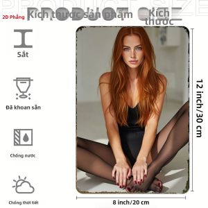 CIFbuy | Vintage Redhead Babe 2D Metal Sign Black Bodysuit & Stockings Tin Wall Art Decor Hình Chữ Nhật Kim Loại Mạ Vàng