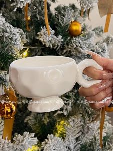 แก้วเซรามิคทำมือทรงแปลกตา ขาสูง สำหรับลาเต้อาร์ต กาแฟ คู่รัก สีพื้น เครื่องใช้รับประทานอาหาร แก้วมาร์ค