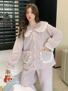 Womens Winter Sleepwear Coral Fleece Thickened Warm Set Sweet Collar Can Be Worn outside Home Clothes Long Sleeve Long Pants