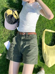 Quần Short Denim Cạp Cao Ống Rộng Phong Cách Hàn Quốc Cho Nữ Mùa Thu 2025 Quần Short Ống Đứng Màu Xanh Quân Đội Cổ Điển Đa Năng