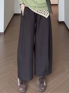 Retro Coffee Color Elastic Waist Loose Womens Casual Pants Nine Points Wide Leg Pants Autumn Season Cross Covering Slimming