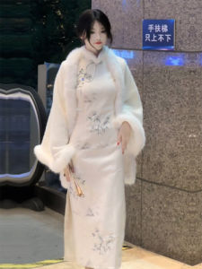 Ting Yue Ling New 2024 Young Style Fleece Lined Elegant Cheongsam Dress Chinese Style Reformed Daily Wear Long Sleeve Midi Dress