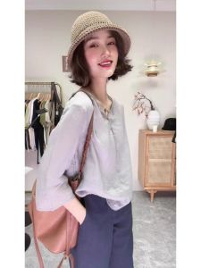 Summer Commute Womens High-End Zen Style Casual Cotton Linen Shirt Pants Set Fashionable Elegant Two-Piece Suit V-Neck A-Line