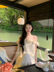 Elegant Long Flowing One-Shoulder Dress Womens Fashion French Style Morning Robe Skirt Heavy Work Draping Holiday Beach Leisure Midi Dress