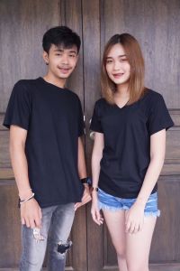 Tatchaya เสื้อยืด คอตตอน สีพื้น คอวี แขนสั้น Black (สีดำ) Cotton 100%