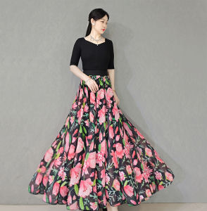 720 Degrees Large Swing Skirt High-End Chiffon Print Floral Skirt High Waist Long Skirt Fairy Dress Dance Performance A- Line