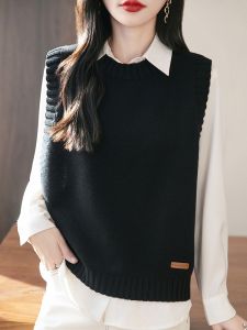 เสื้อกั๊กถักคอตตอนแขนกุดหลวมๆ สำหรับผู้หญิง ฤดูใบไม้ร่วง 2025 เสื้อคลุมกันหนาวแบบสวมหัว ทรงหลวม แขนกุด ผ้าฝ้ายแท้