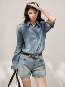 THROUS | Áo Khoác Jeans Nữ Phong Cách Retro Mài Cũ Slim Fit