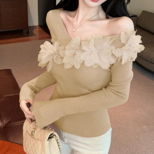 GUZILIAN | Áo Knit Phong Cách Hàn Quốc Elegance Ôm Body Tay Dài Hở Vai
