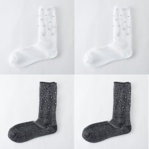 ถุงเท้าผู้หญิงแบบยาวบางเฉียบสไตล์เกาหลีประดับมุก ถุงเท้าผ้าไหมคริสตัลฤดูร้อน ถุงเท้าแฟชั่นสไตล์นักศึกษา ถุงเท้าผ้าฝ้ายโพลีเอสเตอร์ 4 คู่