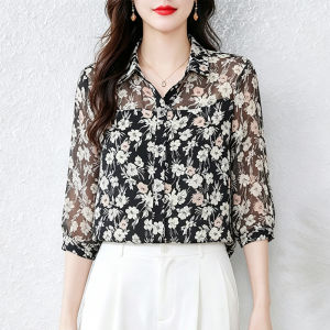 DAIXIANGFEIZI | Áo Chiffon Họa Tiết Hoa Phong Cách Mẹ 3/4 Tay