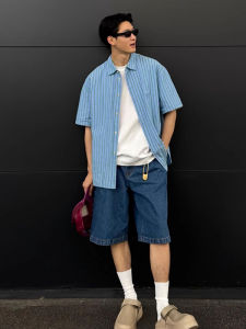 Quần Short Denim Xanh Đậm American Dáng Rộng Cho Nam Mùa Hè Phong Cách Đường Phố Quần Jeans 5 Túi Quần Jeans Thoải Mái