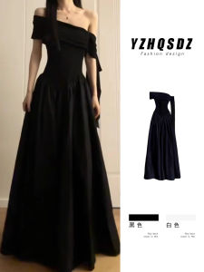 French Style Off-Shoulder Sash Long Skirt Black Slimming Summer Waist-Cinching Dress Womens High Waist Maxi Gown