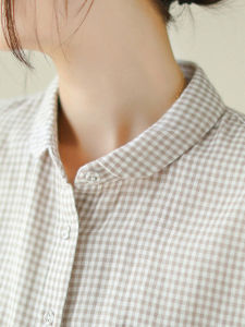 Loose Fit Long Sleeve Plaid Cotton Linen Shirt Doll Collar Korean Style Commute Pure Cotton 100% Womens Premium Shirt