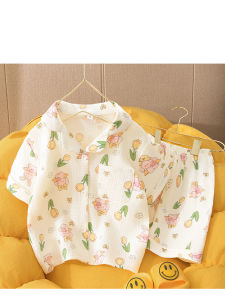 Childrens Summer Cotton Pajamas Lightweight Breathable Cotton Fingercot Home Clothes Boys Girls Baby Short Sleeve Air Conditioner Suit
