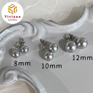 Viviann Original High-end Silver Gray Round Pearl Earrings Minimalist Earrings Korean Elegant Gray Glossy Pearl Stud Earrings For Women Exquisite Simple Imitation Pearl Round Earring Wedding Party Jewelry