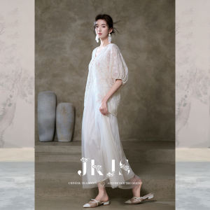 JK&JS | Foggy Cherry Blossom Silk Heavy Embroidery Two-Piece Illusion Tulle Dress Long Dress