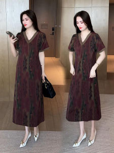 ชุดเดรสยาวปานกลางพิมพ์ลายดอกไม้ฤดูร้อนสำหรับผู้หญิง ชุดเดรสยาวปานกลางสไตล์ฝรั่งเศส แขนสั้น คอวี ชุดทำงานลำลอง