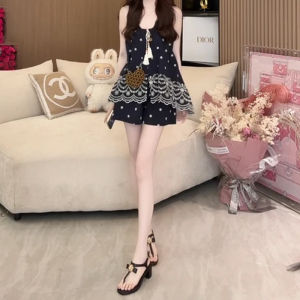 Shalldoer | Korean Style Fashionable Embroidered Hook Flower Sleeveless Top And Short Pants Two-Piece Set For Young Women Summer Casual Wear