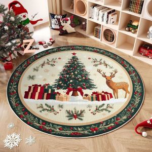 Thảm Tròn Giáng Sinh VIKAMA Có Hộp Quà Hình Cây Tuần Lộc Thiết Kế Holly Berry Thảm Trải Sàn Chống Trượt Có Thể Giặt Được Dùng Cho Phòng Khách Trang Trí Ngày Lễ