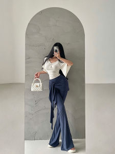 Younggirlday Lusi Same Style High Waist Fake Two-Piece Shoelace Slim Fit Flared Casual Pants Mop Trousers Tide