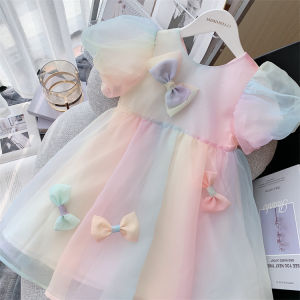 Girl Dress Summer Rainbow Skirt Childrens Bow Super Fairy Princess Dress Baby Girl Birthday Party Sweet Formal Dress