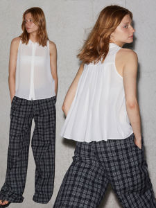 SOLWEIGE | SOLWEIGE เสื้อเชิ้ตแขนกุดผ้าชีฟองสไตล์ฝรั่งเศสแบบมินิมอลทำมือ ทรงหลวม แขนกุด ผ้าโพลีเอสเตอร์ 100% ฤดูร้อน 2024