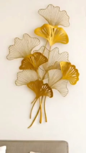 Hiasan Dinding Daun Gingko Stainless Emas Desain Artistik Dekorasi Elegan untuk Rumah dan Kantor