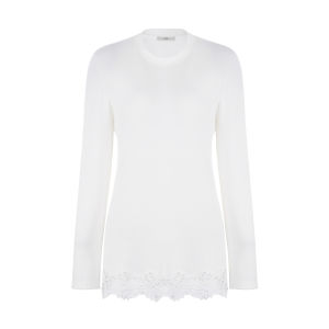 Flared Lace Round Neck Long Sleeve White T-Shirt