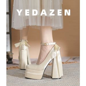 เรียบหรู สีขาว รองเท้าส้นสูงหัวแหลม ผู้หญิง หัวเข็มขัดรองเท้าเดี่ยว Mary Jane ด้านล่างหนา สายคล้อง ทันสมัย รองเท้าสลิปออนสไตล์นางฟ้า