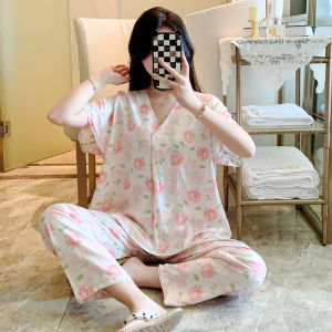 ชุดนอนผ้าไหมคอตตอนแขนสั้นบางหลวมๆ สำหรับผู้หญิง ชุดนอนสบายๆ ฤดูร้อน เสื้อผ้าสำหรับใส่อยู่บ้าน แขนสั้น คอวี พิมพ์ลายดอกไม้