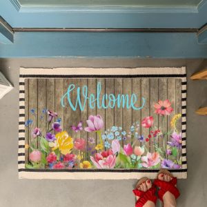 VIKAMA Hello Sunshine Bee Gnome Sunflower Burlap Cute Summer Art Flannel Door Mat Non Slip Entryway Bedroom Living Room Home