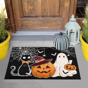 Tấm Thảm Cửa Theo Chủ Đề Halloween Của VIKAMA - Thiết Kế Hình Boo Ghost Pumpkin Black Cat Thảm Trong Nhà Chống Trượt Dành Cho Lối Vào Nhà Với Họa Tiết Mạng Nhện Hình Dơi