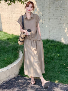 YINLUOYA | Elegant Summer Shirt And Skirt Set Womens Fashion Slimming Half-length Two-piece Ensemble Beautifully Designed Short Sleeve Button-up