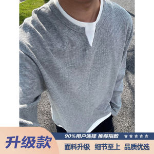 เสื้อยืดคอวีแขนยาวสำหรับผู้ชาย สไตล์ย้อนยุค สีเทาอ่อน ผ้าฝ้ายผสมโพลีเอสเตอร์ ทรงหลวม สำหรับใส่ในฤดูใบไม้ร่วง