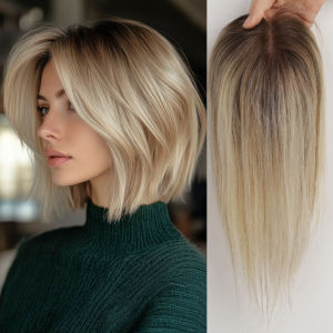 Light Brown Blonde Ombre 12 Inch Human Hair Toppers Lace Base Clip In Hairpiece for Women 100% Remy Human Hair Extensions