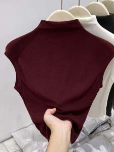 Áo Ba Lỗ Không Tay Cổ Cao Mềm Mại Cho Nữ Mùa Xuân 2025 Áo Lót Bên Trong Áo Khoác Ngoài Áo Vest Màu Đỏ Phong Cách Mới Của Ankela