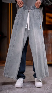 Mens Straight Cut Jeans Seluar Denim Potongan Longgar Men Casual Trend Loose Buggy Drawstring Straight Cut Jeans