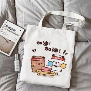 Cute Panda Cartoon Canvas Bag Single Shoulder Shopping Bag Tutoring Bag Youthful Soft Canvas Tote Bag for Teens And Students