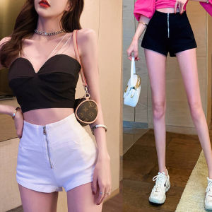 High-Waist Slim-Fit Black Denim Shorts for Women Cotton Bomb Fabric Metal Process Casual Style Straight Leg Pants with Zipper