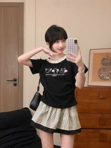 เสื้อยืดแขนสั้นลายปักรูปกระต่ายน่ารักสำหรับผู้หญิง เสื้อคอตั้งเอวเข้ารูปทรงหลวมสไตล์เกาหลี ผ้าฝ้ายผสมโพลีเอสเตอร์