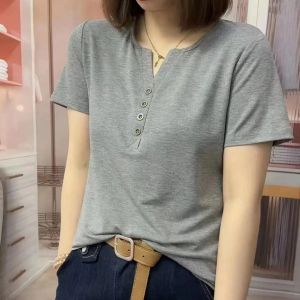 Pure Cotton Short Sleeve T-Shirt Womens Short V-neck Top Youthful Slimming Mid-aged Mom Summer Fashion Korean Style Casual Wear